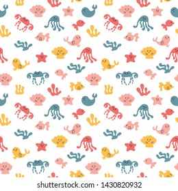 Doodle seamless background with fish, octopuses, crabs, starfish, dolphins, whales. Kawaii characters. Bright color. On white background. Vector illustration