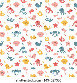 Doodle seamless background with fish, octopuses, crabs, starfish, dolphins, whales. Vector illustration. Kawaii characters. Bright color. On white background.