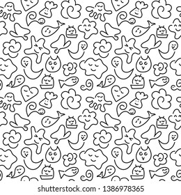 Doodle seamless background with flowers, fish, snails, birds, butterflies. Kawaii characters. Vector