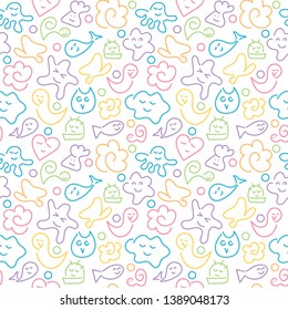Doodle seamless background with flowers, fish, snails, birds, butterflies. Kawaii characters. Bright color. On white background. Vector illustration