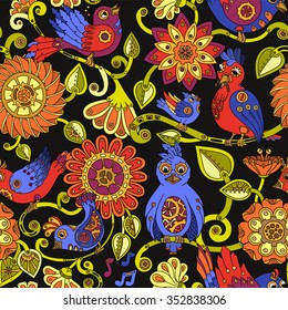 Doodle Seamless Background With Steampunk Birds And Flowers. Vector Ethnic Pattern Can Be Used For Wallpaper, Pattern Fills, Invitations, Coloring Books, Pages For Kids And Adults. Colored Version.