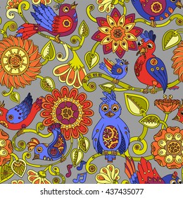 Doodle seamless background with steampunk birds and flowers. Vector ethnic pattern can be used for wallpaper, pattern fills, invitations, book cover, web pages. Colorful hand drawn pattern.