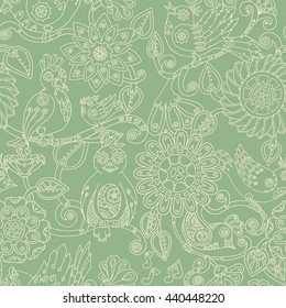 Doodle seamless background with steampunk birds and flowers. Vector ethnic pattern can be used for wallpaper, pattern fills, invitations, book cover, web pages. Hand drawn pattern.