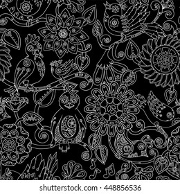 Doodle seamless background with steampunk birds and flowers. Vector ethnic pattern can be used for wallpaper, pattern fills, invitations, book cover, web pages. Hand drawn pattern.