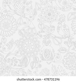 Doodle seamless background with steampunk birds and flowers. Vector ethnic pattern can be used for wallpaper, pattern fills, invitations, book cover, web pages. Hand drawn pattern.