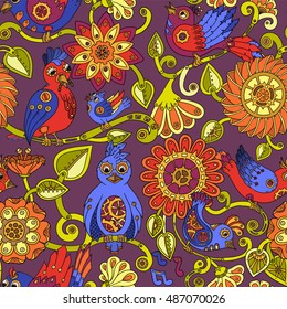 Doodle seamless background with steampunk birds and flowers. Vector ethnic pattern can be used for wallpaper, pattern fills, invitations, book cover, web pages. Hand drawn pattern.