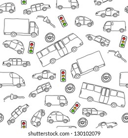 Doodle seamless background texture illustration - vehicle collection with cars, vans, trucks and a bus. Traffic lights and fuel nozzle.