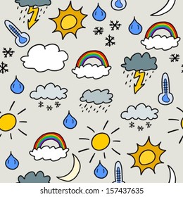 Doodle seamless background texture illustration - weather symbols collection with suns, clouds, storms and snow