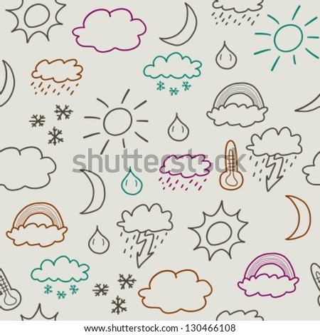 Doodle seamless background texture illustration - weather symbols collection with suns, clouds, storms and snow