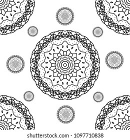 Doodle seamless background in vector with doodles, flowers and paisley. Vector ethnic pattern can be used for wallpaper, pattern fills, coloring books and pages for kids and adults. Black and white.