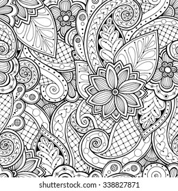 Doodle seamless background in vector with doodles, flowers and paisley. Vector ethnic pattern can be used for wallpaper, pattern fills, coloring books and pages for kids and adults. Black and white.