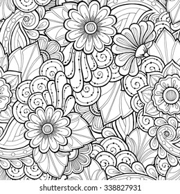 Doodle seamless background in vector with doodles, flowers and paisley. Vector ethnic pattern can be used for wallpaper, pattern fills, coloring books and pages for kids and adults. Black and white.