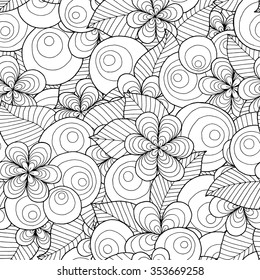 Doodle seamless background in vector with doodles, flowers and paisley. Vector ethnic pattern can be used for wallpaper, pattern fills, coloring books and pages for kids and adults. Black and white.