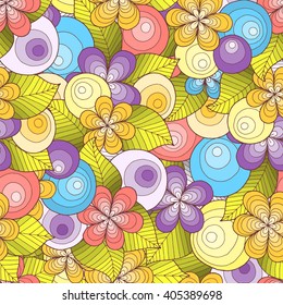 Doodle seamless background in vector with doodles, flowers and paisley. Vector ethnic pattern can be used for wallpaper, pattern fills, covers and books. Colorful version.