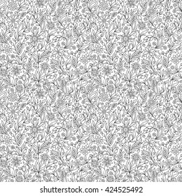 Doodle seamless background in vector with doodles, flowers and paisley. Vector ethnic pattern can be used for wallpaper, pattern fills, coloring books and pages for kids and adults. Black and white.