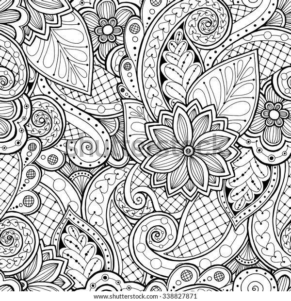 Doodle seamless background in vector with doodles, flowers and paisley. Vector ethnic pattern can be used for wallpaper, pattern fills, coloring books and pages for kids and adults. Black and white.