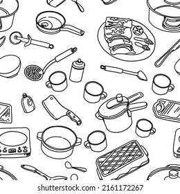 doodle seamless background with  vegetables black and white
