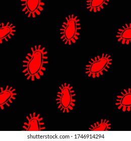 Doodle seamless with bacteria cell. Wuhan home quarantine symbols on black background. Virus-bacterial infections, coronavirus and pneumonia disease illustration for medical design.