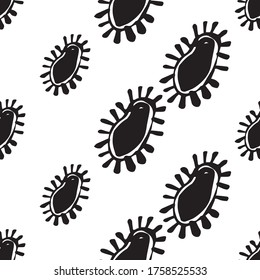 Doodle sin fisuras con bacterias. Símbolos de cuarentena en casa de Wuhan sobre fondo blanco. Infecciones virus-bacterianas, coronavirus y neumonía ilustran el diseño médico.