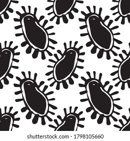 Doodle sin fisuras con bacterias. Símbolos de cuarentena en casa de Wuhan sobre fondo blanco. Infecciones virus-bacterianas, coronavirus y neumonía ilustran el diseño médico.