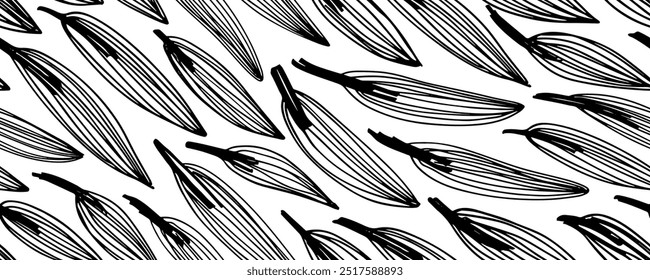 Doodle seamless banner background with linear simple leaves. Hand drawn abstract plants, foliage wallpaper. Doodle scribble seamless pattern with cute simple leaves. Tropical background.