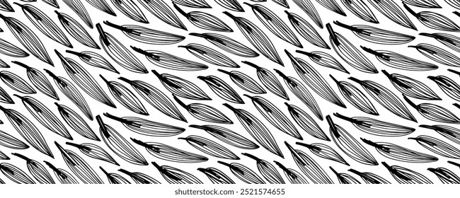 Doodle seamless banner background with linear simple leaves. Hand drawn abstract plants, foliage wallpaper. Doodle scribble seamless pattern with cute simple leaves. Tropical background.