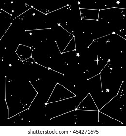 Doodle seamless black pattern with different constellations and stars. Line art repeated black background.