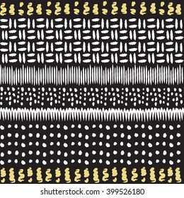 Doodle seamless black-and-white-yellow pattern of dots, spots and zigzags. Template for your design. Vector 10 EPS.
