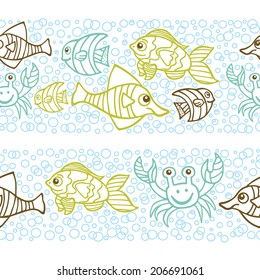 Doodle seamless  border pattern.Set of Funny Sea Life crab and Fish.Colored  Outline image on bubble background.Use for fabrics, Wallpaper,background,packaging paper.Vector illustration for children