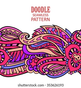 Doodle seamless border pattern. May be used like an Invitation card design. Abstract vector background with flower, leaves, wing, feather.