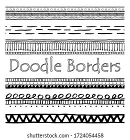 Doodle Seamless Border. Vector Brush Stroke. Doodle Element Set. Abstract Hand Drawn Scribble. Seamless Line Pattern. Black Doodle Border Collection On White Background. Vector Design Element.