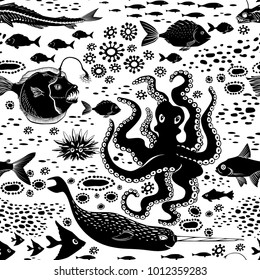 Doodle Seamless Cartoon underwater background. Vector Illustration.
