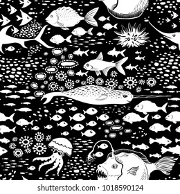 Doodle Seamless Cartoon underwater background. Vector Illustration.