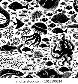 Doodle Seamless Cartoon underwater background. Vector Illustration.