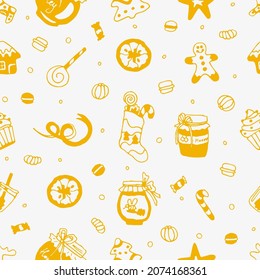 Doodle seamless christmas pattern. Orange sweets on white background. A can of bee honey. Vector dried fruits, cookies, lollipops. New Year treats. Xmas textile, packing. Square yellow holiday print.