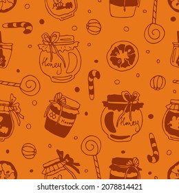 Doodle seamless christmas pattern. Orange sweets, candy, honey mood. A can of bee honey. Vector dried fruits, cookies, lollipops. New Year treats. Cute textile, paper. Square orange holiday print.