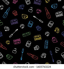 Doodle seamless color pattern on black. Items drawn by hand in one line. lipstick, cream, mascara, nail polish, eyeshadow, cup with a heart, rose, flowers, cupcake, scallop. Vector stock illustration