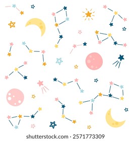 Doodle seamless cosmos pattern. Cute planets stars and moon abstract patterns. Perfect for kids fabric textile nursery wallpaper. Vector illustration.