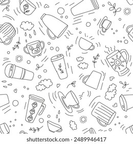 Doodle seamless cup pattern. Coffee and tea mugs. Black line porcelain on a white. Print drink mug, cup of tea, bowl of coffee. Vector illustration for fabric, wrapping paper, kitchen textile.