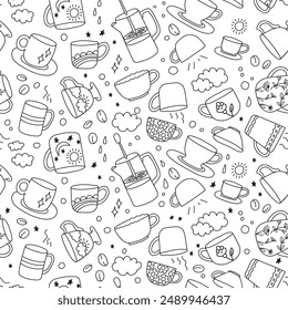 Doodle seamless cup pattern. Coffee and tea mugs. Black line porcelain on a white. Print drink mug, cup of tea, bowl of coffee. Vector illustration for fabric, wrapping paper, kitchen textile.