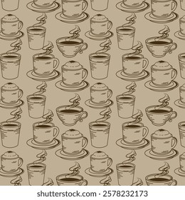 Doodle seamless cup pattern. Coffee and tea mugs. Black line porcelain on a white. Print drink mug, cup of tea, bowl of coffee. Vector illustration for fabric, wrapping paper, kitchen textile.