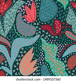Doodle seamless design with floral ornament. Folk style. Abstract geometric cartoon pattern. Cute stylized flowers. Trendy flat drawing. Fashion background for wallpaper, textile, fabric and wrapper.
