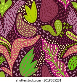 Doodle seamless design with floral ornament. Folk style. Abstract geometric cartoon pattern. Cute stylized flowers. Trendy flat drawing. Fashion background for wallpaper, textile, fabric and wrapper.