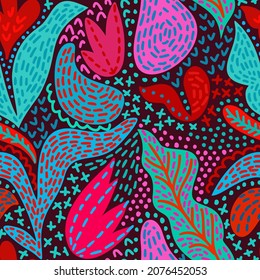 Doodle seamless design with floral ornament. Folk style. Abstract geometric cartoon pattern. Cute stylized flowers. Trendy flat drawing. Fashion background for wallpaper, textile, fabric and wrapper.