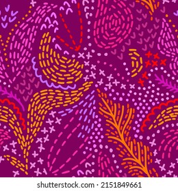 Doodle seamless design with floral ornament. Folk style. Abstract geometric cartoon pattern. Cute stylized flowers. Trendy flat drawing. Fashion background for wallpaper, textile, fabric and wrapper.