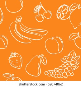 Doodle seamless with different fruits on orange background