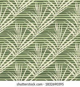 Doodle seamless exotic pattern with light fern leaf silhouettes. Green striped background. Simple foliage branches print. Perfect for fabric design, textile print, wrapping, cover. Vector illustration