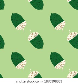 Doodle seamless fall pattern with green and white colored acorn ornament. Pastel background. Graphic design for wrapping paper and fabric textures. Vector Illustration.