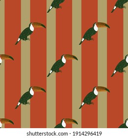 Doodle seamless fauna pattern with simple toucan bird ornament. Red and beige striped background. Flat vector print for textile, fabric, giftwrap, wallpapers. Endless illustration.