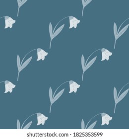 Doodle seamless floral pattern with campanula tender silhouettes. Blue background. Simple botanic backdrop. Designed for fabric design, textile print, wrapping, cover. Vector illustration.